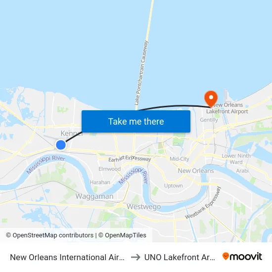New Orleans International Airport to UNO Lakefront Arena map