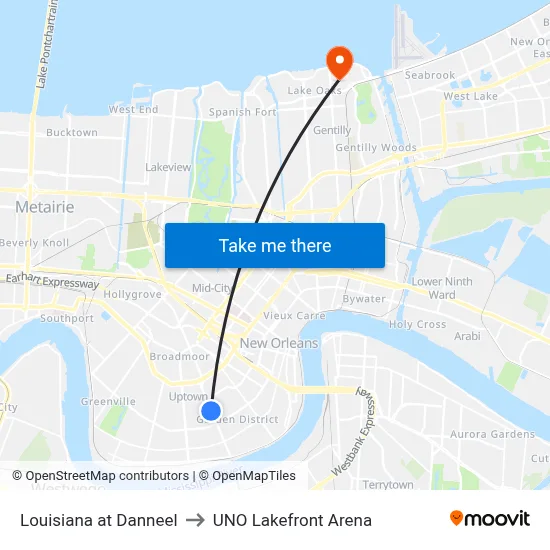 Louisiana at Danneel to UNO Lakefront Arena map