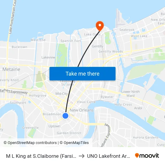M L King at S.Claiborne (Farside) to UNO Lakefront Arena map
