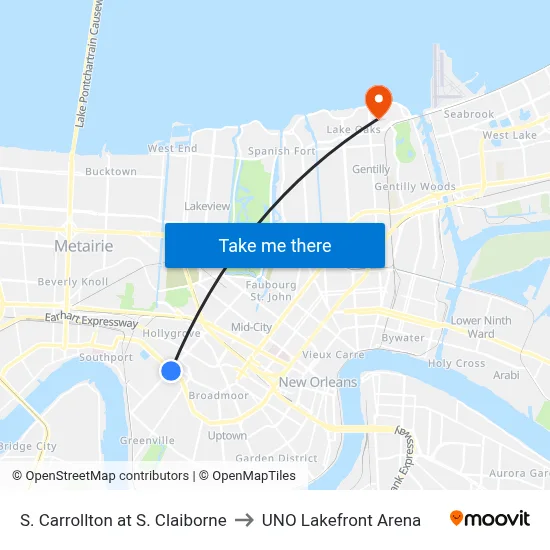 S. Carrollton at S. Claiborne to UNO Lakefront Arena map