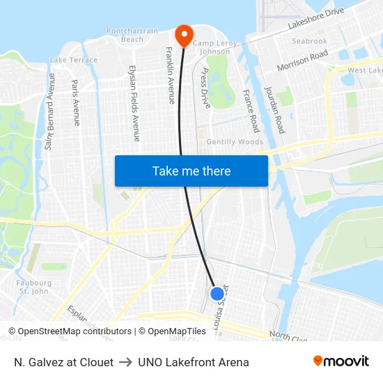 N. Galvez at Clouet to UNO Lakefront Arena map