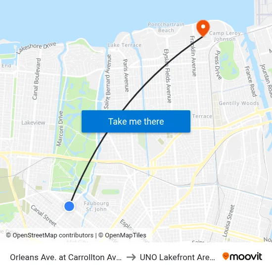Orleans Ave. at Carrollton Ave. to UNO Lakefront Arena map