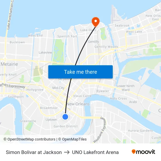 Simon Bolivar at Jackson to UNO Lakefront Arena map