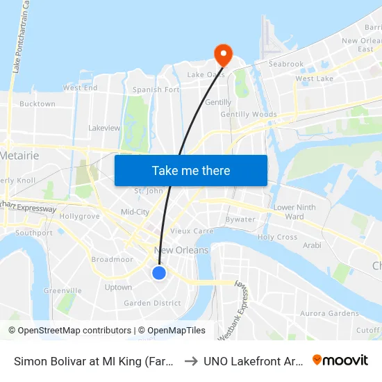 Simon Bolivar at Ml King (Farside) to UNO Lakefront Arena map