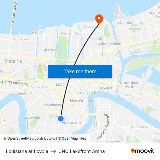 Louisiana at Loyola to UNO Lakefront Arena map