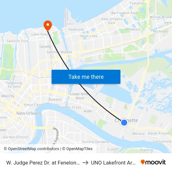 W. Judge Perez Dr. at Fenelon St. to UNO Lakefront Arena map
