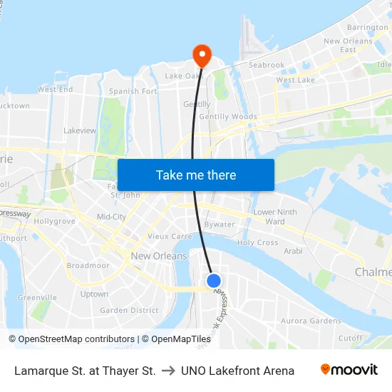 Lamarque St. at Thayer St. to UNO Lakefront Arena map