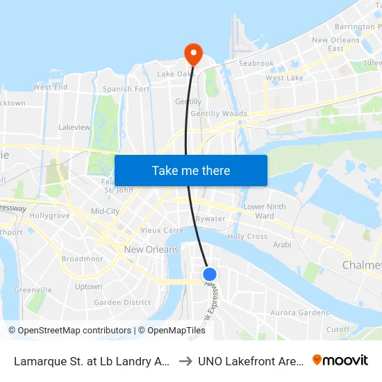 Lamarque St. at Lb Landry Ave. to UNO Lakefront Arena map