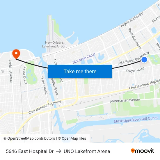 5646 East Hospital Dr to UNO Lakefront Arena map