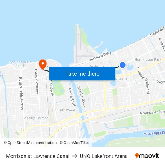 Morrison at Lawrence Canal to UNO Lakefront Arena map