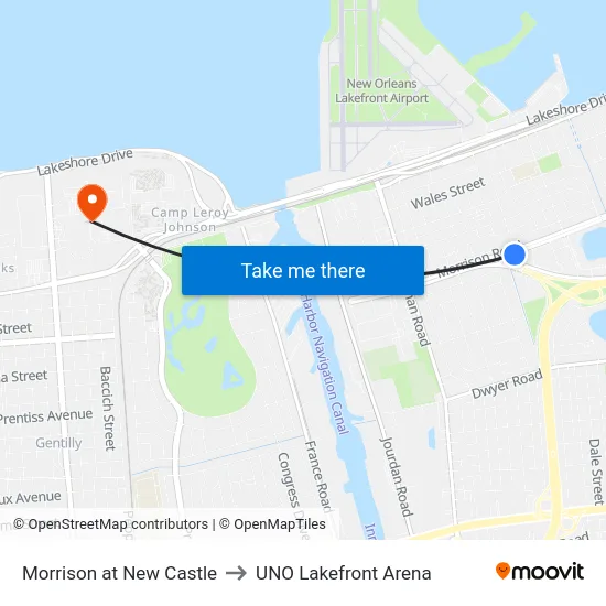 Morrison at New Castle to UNO Lakefront Arena map