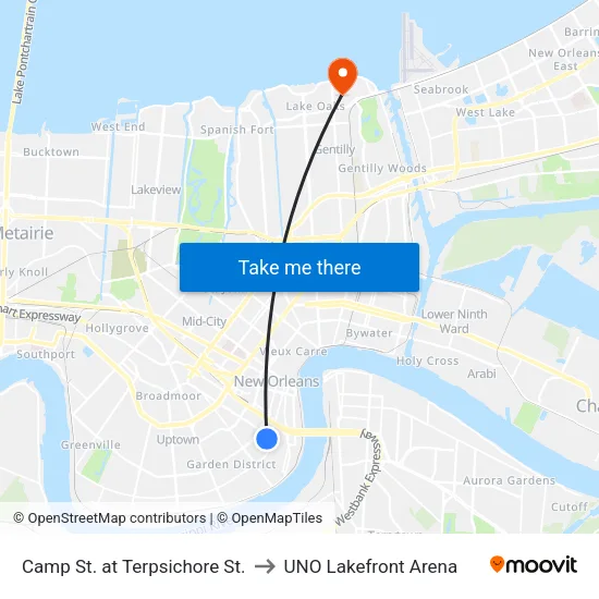 Camp St. at Terpsichore St. to UNO Lakefront Arena map