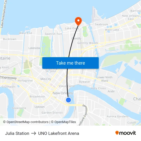 Julia Station to UNO Lakefront Arena map