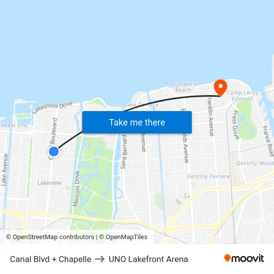Canal Blvd + Chapelle to UNO Lakefront Arena map