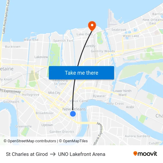 St Charles at Girod to UNO Lakefront Arena map