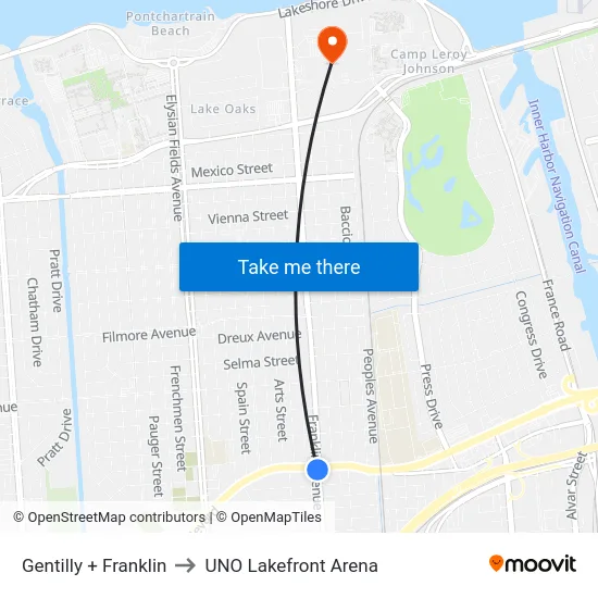 Gentilly + Franklin to UNO Lakefront Arena map