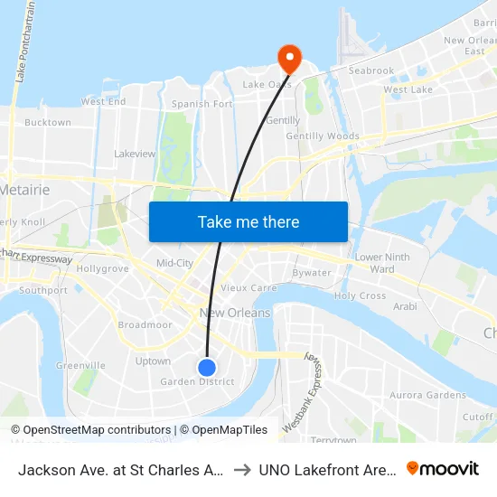 Jackson Ave. at St Charles Ave. to UNO Lakefront Arena map