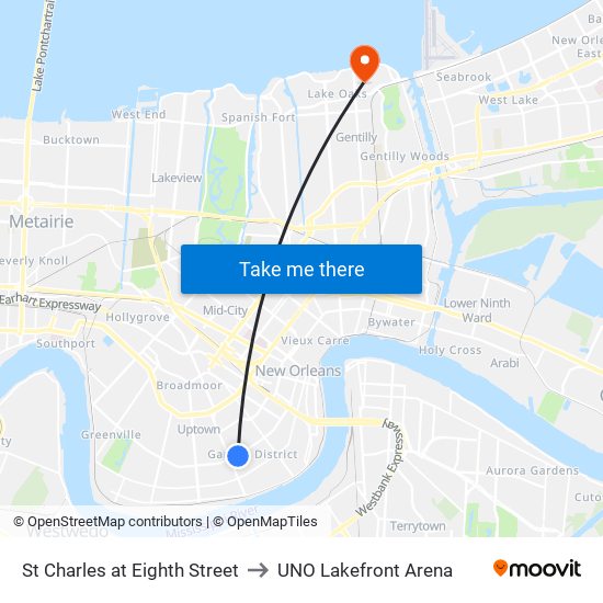 St Charles at Eighth Street to UNO Lakefront Arena map