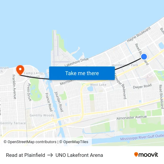 Read at Plainfield to UNO Lakefront Arena map