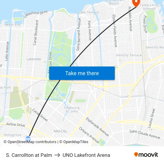 S. Carrollton at Palm to UNO Lakefront Arena map