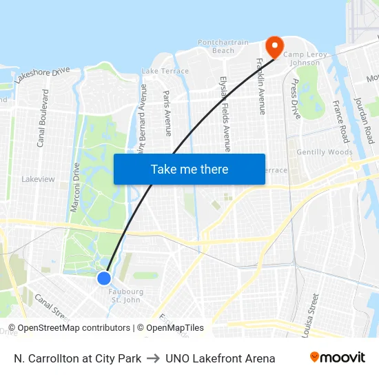 N. Carrollton at City Park to UNO Lakefront Arena map