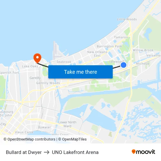 Bullard at Dwyer to UNO Lakefront Arena map
