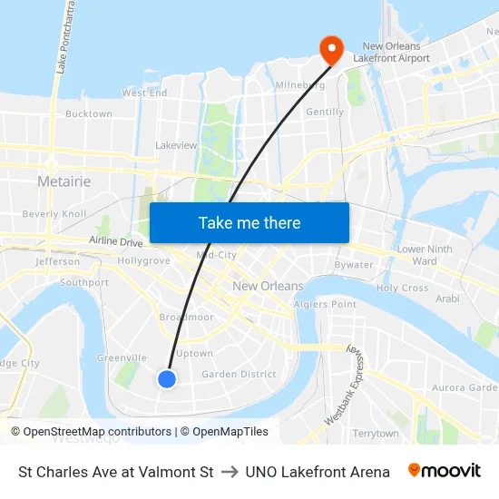 St Charles Ave at Valmont St to UNO Lakefront Arena map