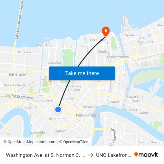 Washington Ave. at S. Norman C. Francis Pkwy. to UNO Lakefront Arena map