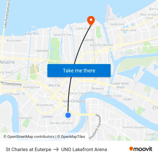 St Charles at Euterpe to UNO Lakefront Arena map