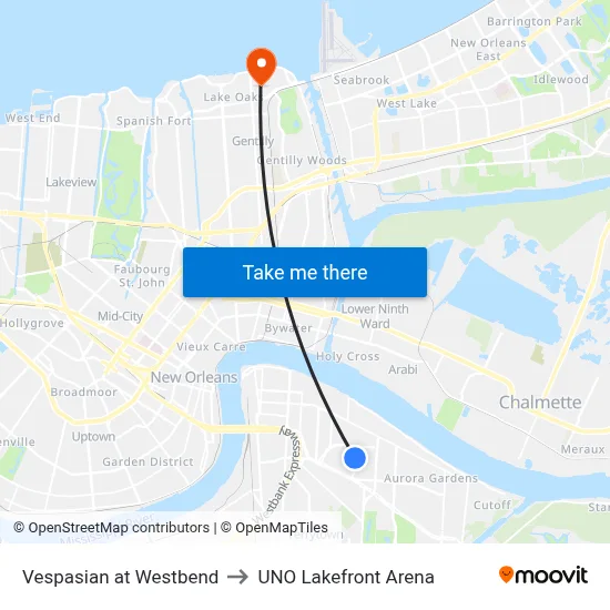 Vespasian at Westbend to UNO Lakefront Arena map