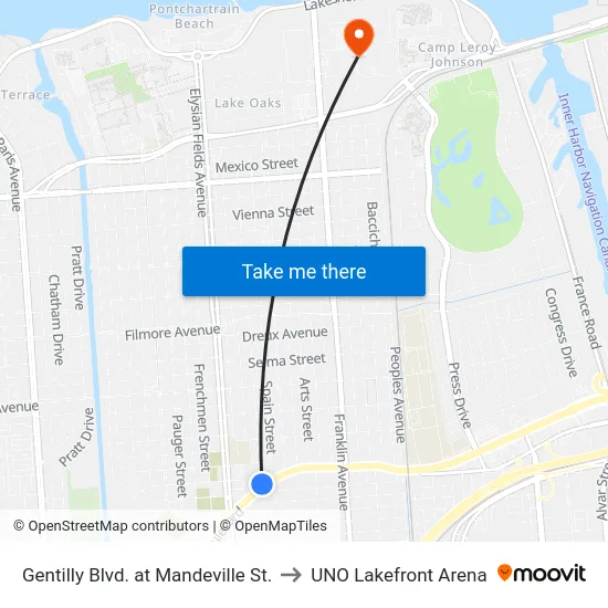 Gentilly Blvd. at Mandeville St. to UNO Lakefront Arena map