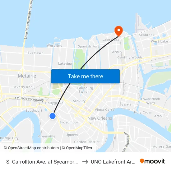 S. Carrollton Ave. at Sycamore St. to UNO Lakefront Arena map