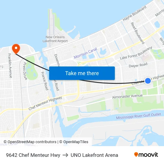 9642 Chef Menteur Hwy to UNO Lakefront Arena map