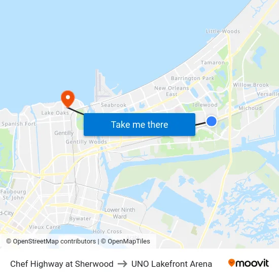 Chef Highway at Sherwood to UNO Lakefront Arena map