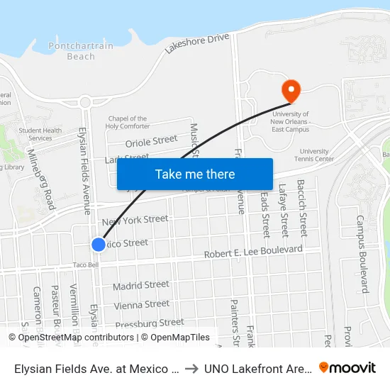 Elysian Fields Ave. at Mexico St. to UNO Lakefront Arena map