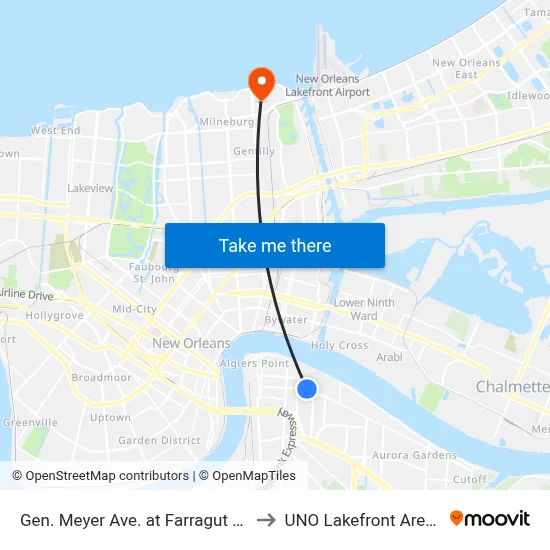 Gen. Meyer Ave. at Farragut St. to UNO Lakefront Arena map
