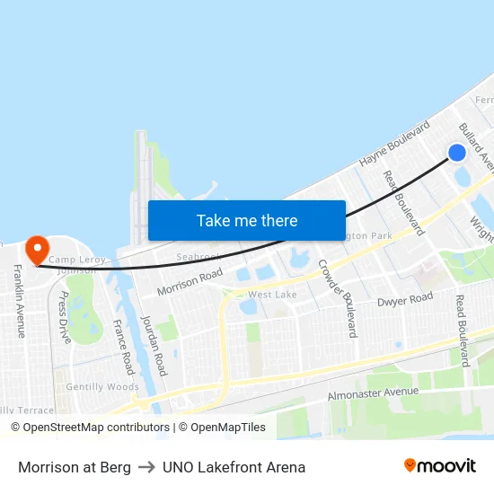 Morrison at Berg to UNO Lakefront Arena map
