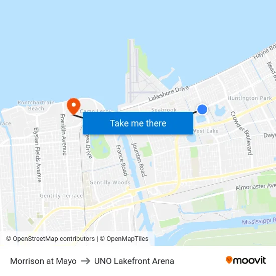 Morrison at Mayo to UNO Lakefront Arena map