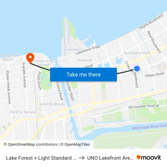 Lake Forest + Light Standard 58 to UNO Lakefront Arena map