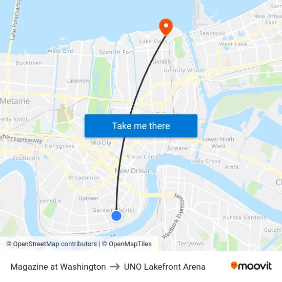 Magazine St. at Washington Ave. to UNO Lakefront Arena map