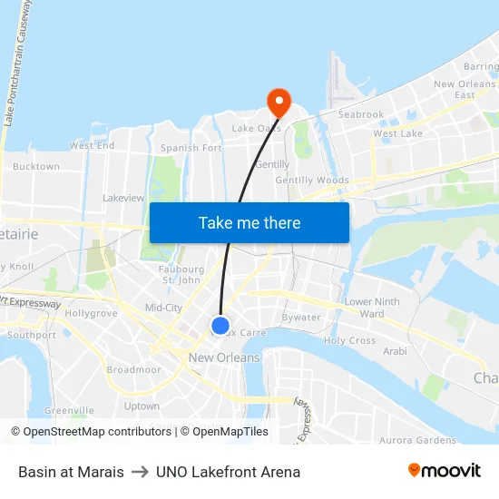 Basin at Marais to UNO Lakefront Arena map