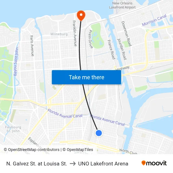 N. Galvez St. at Louisa St. to UNO Lakefront Arena map