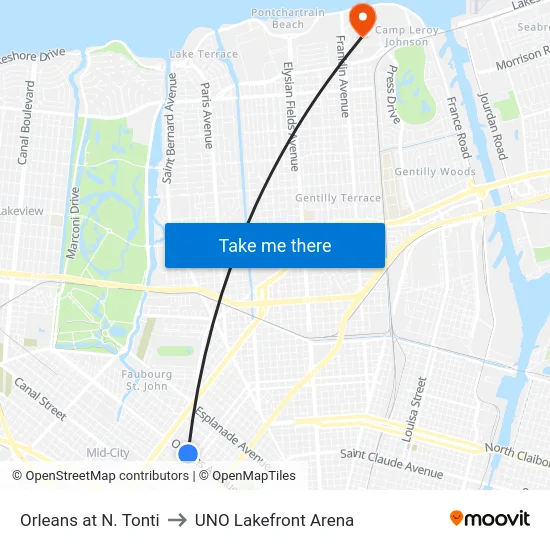 Orleans at N. Tonti to UNO Lakefront Arena map