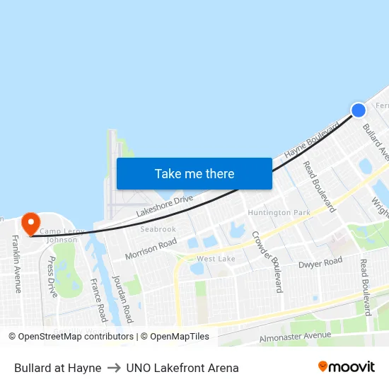Bullard at Hayne to UNO Lakefront Arena map