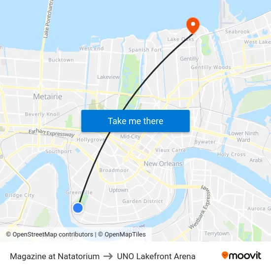 Magazine at Natatorium to UNO Lakefront Arena map