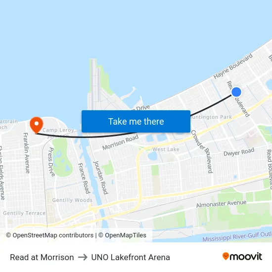 Read at Morrison to UNO Lakefront Arena map