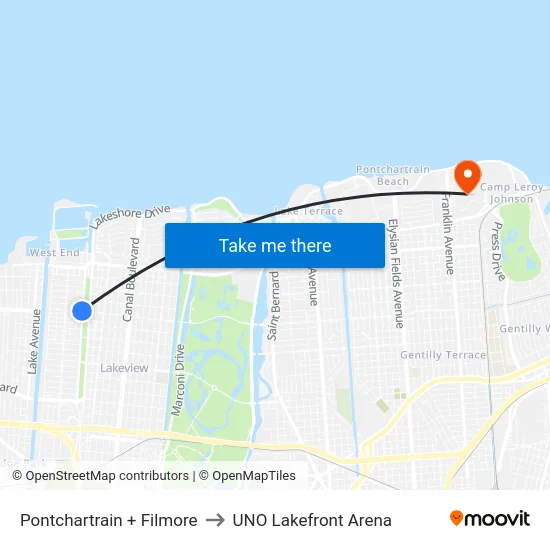 Pontchartrain + Filmore to UNO Lakefront Arena map
