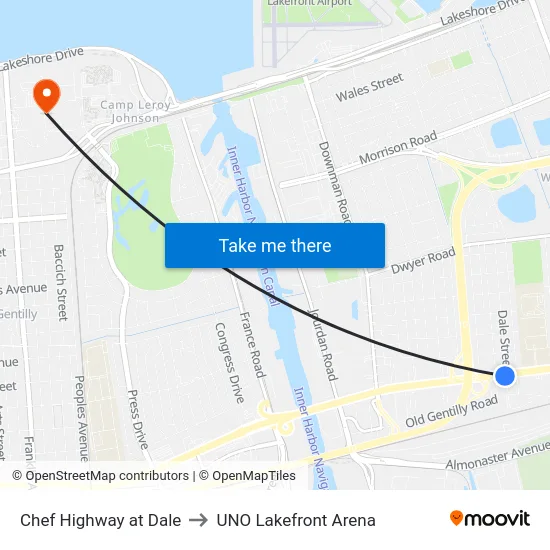 Chef Highway at Dale to UNO Lakefront Arena map