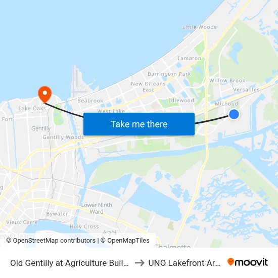 Old Gentilly at Agriculture Building to UNO Lakefront Arena map