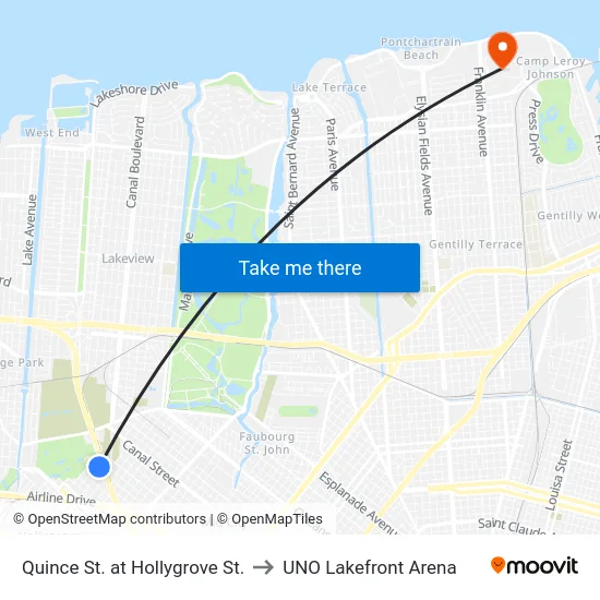 Quince St. at Hollygrove St. to UNO Lakefront Arena map